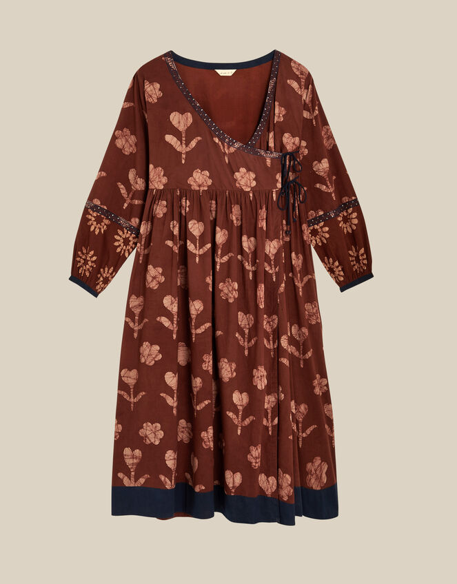 East Zena Hand-Batik Midi Wrap Dress, Brown (BROWN), large