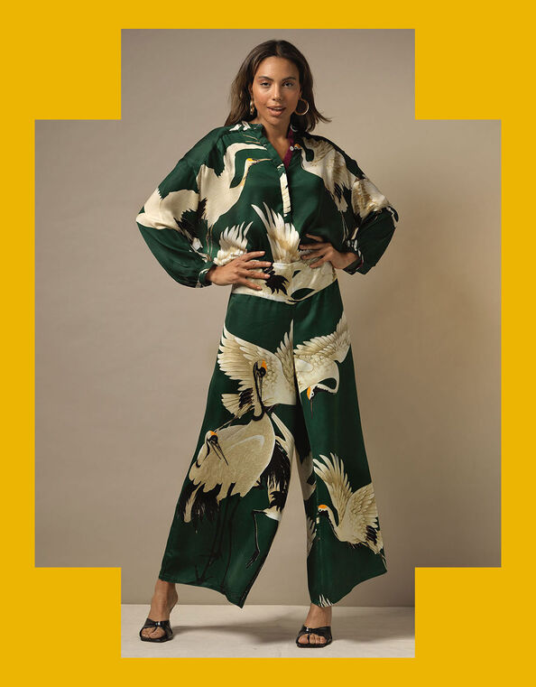 One Hundred Stars Satin Print Blouse, Green (GREEN), large