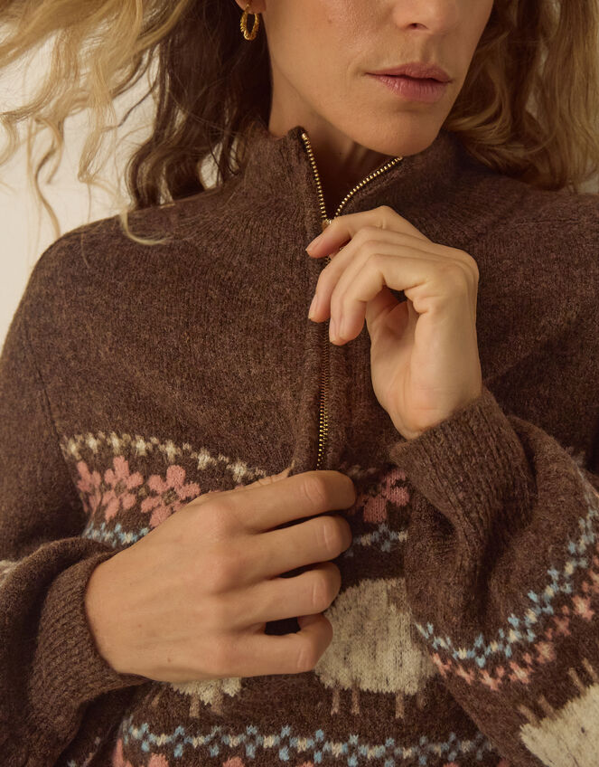 Shona Half Zip Sheep Jumper, Brown (CHOCOLATE), large