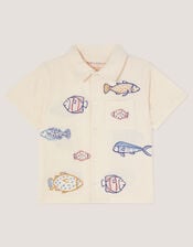 Embroidered Fish Short Sleeve Shirt, Ivory (IVORY), large