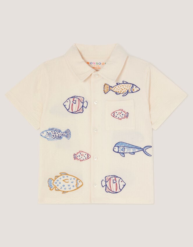 Embroidered Fish Short Sleeve Shirt, Ivory (IVORY), large