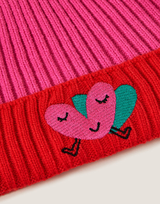 Embroidered Heart Colour Block Ribbed Beanie, Red (RED), large