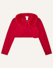 Faux Fur Collar Cardigan, Red (RED), large