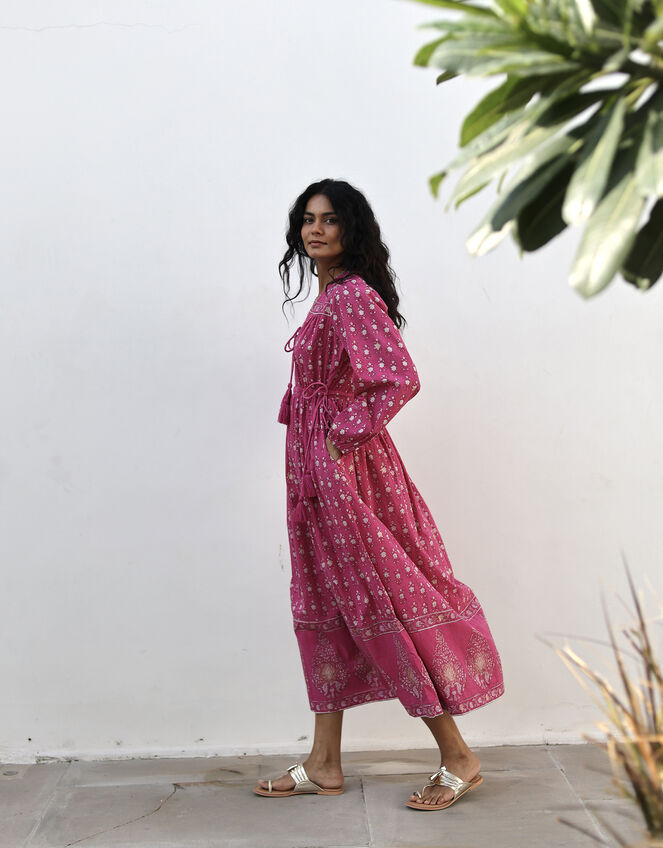 Dilli Grey Fifi Block Print Midi Dress, Pink (MAGENTA), large