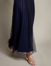 Ellie Sheer Sleeve Plunge Tulle Maxi Dress, Blue (NAVY), large