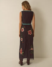 Luna Sleeveless Floral Embellished Mesh Midi Dress, Black (BLACK), large