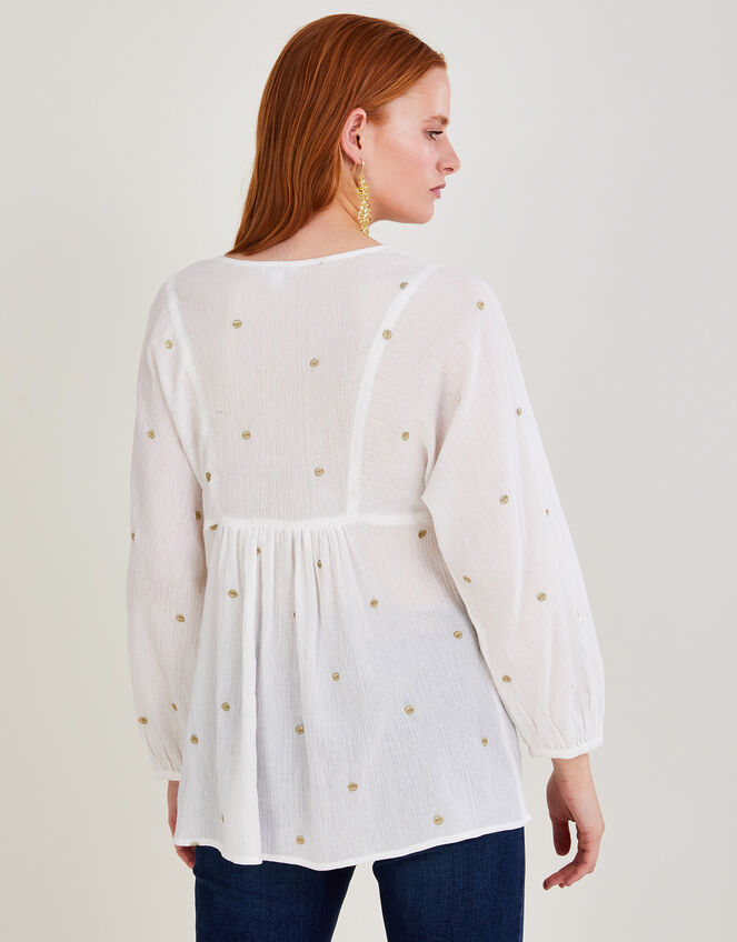Embroidered Long Sleeve Tunic Top in Sustainable Cotton, White (WHITE), large