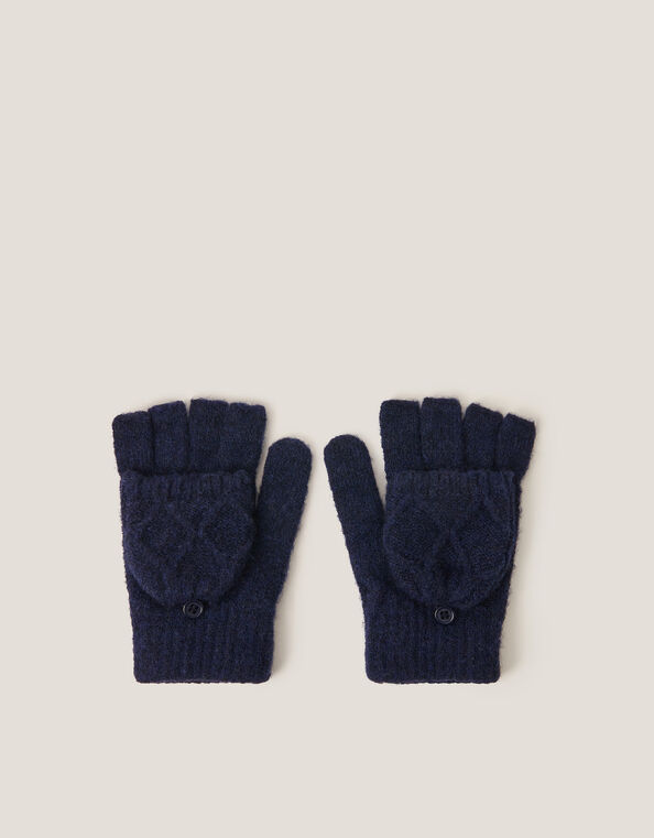 Diamond Fingerless Gloves with Mittens, Blue (NAVY), large