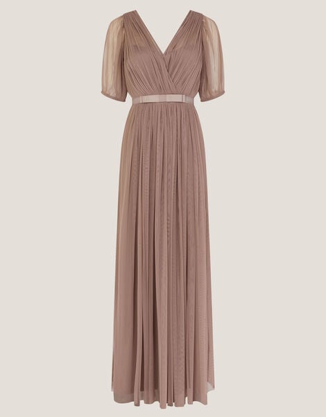 Ellie Sheer Sleeve Plunge Tulle Maxi Dress, Mink (MINK), large