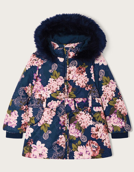 Muted Floral Padded Coat Blue, Blue (NAVY), large