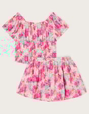 Tropical Floral Shirred Top and Skort Set, Pink (PINK), large