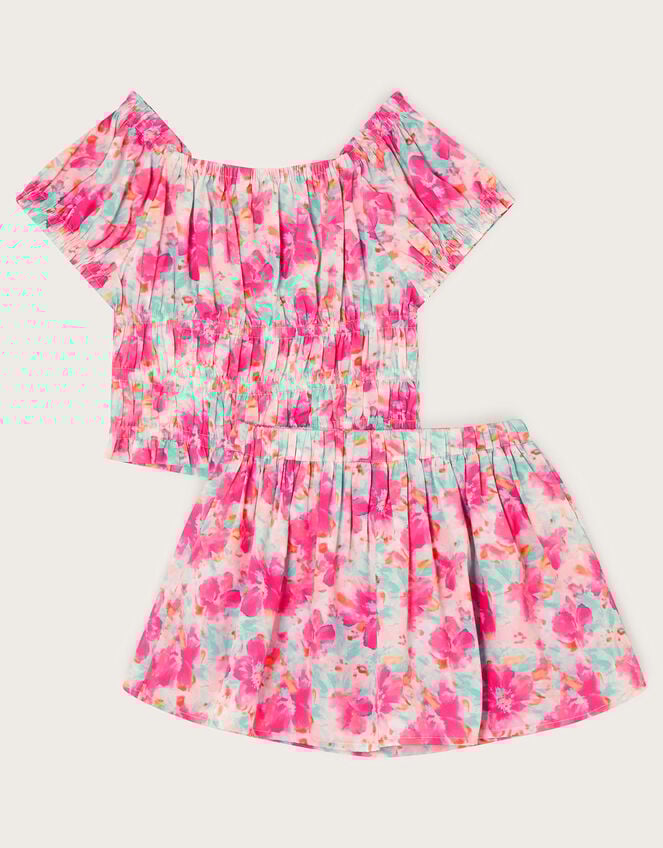 Tropical Floral Shirred Top and Skort Set, Pink (PINK), large
