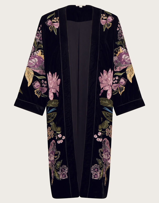 Freya Velvet Embroidered Kimono, Black (BLACK), large