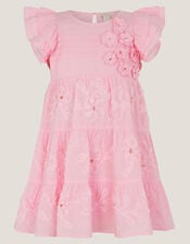Appliqu&eacute; Floral Flutter Sleeve Dress, Pink (PINK), large
