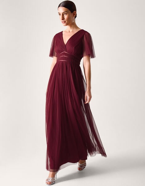 Emily Short Sleeve Tulle Bridesmaid Dress, Red (BURGUNDY), large