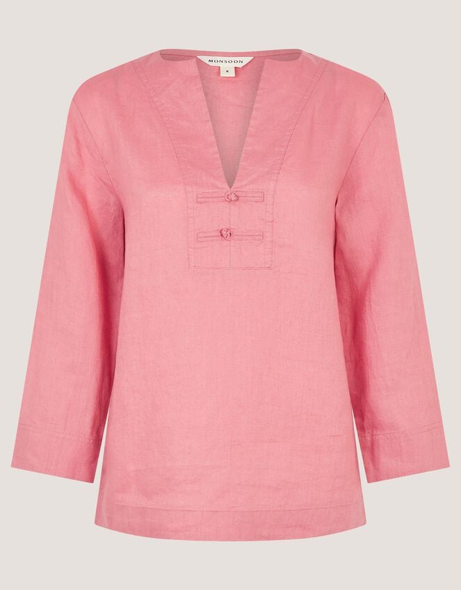 Alexis Knot Button Linen Top, Pink (DUSKY PINK), large