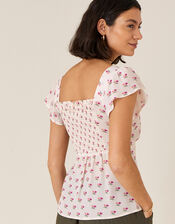 Floral Printed Sweetheart Neck Top, Ivory (IVORY), large