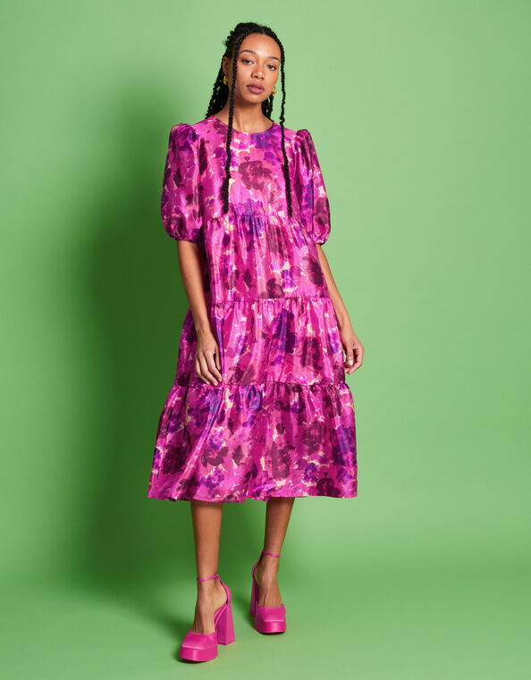 Crās Puff Sleeve Floral Tiered Midi Dress, Pink (PINK), large