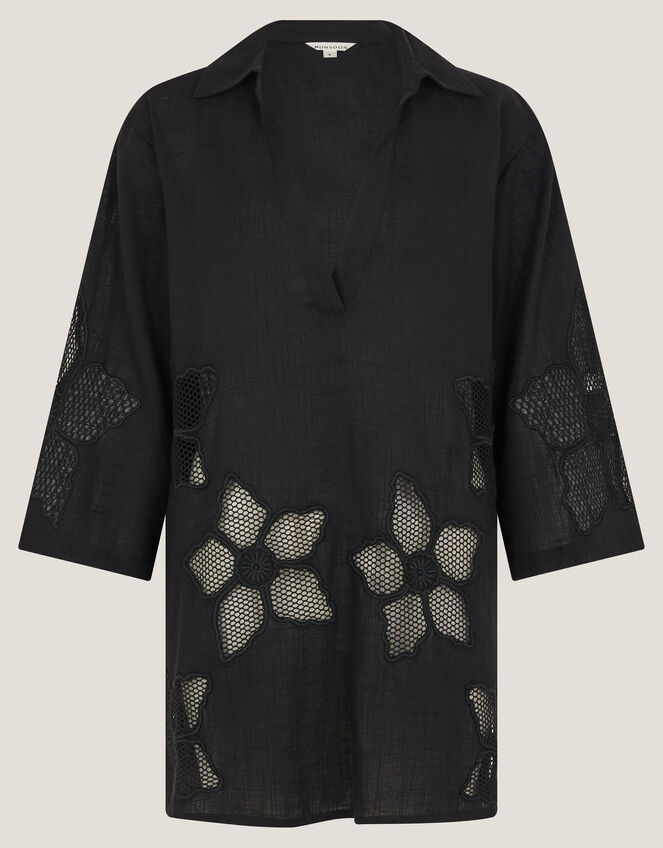 Joanna Cutwork Beach Shirt, Black (BLACK), large