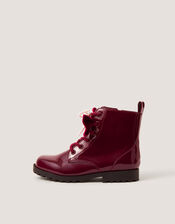 Bow Patent Lace-Up Boots, Red (BURGUNDY), large