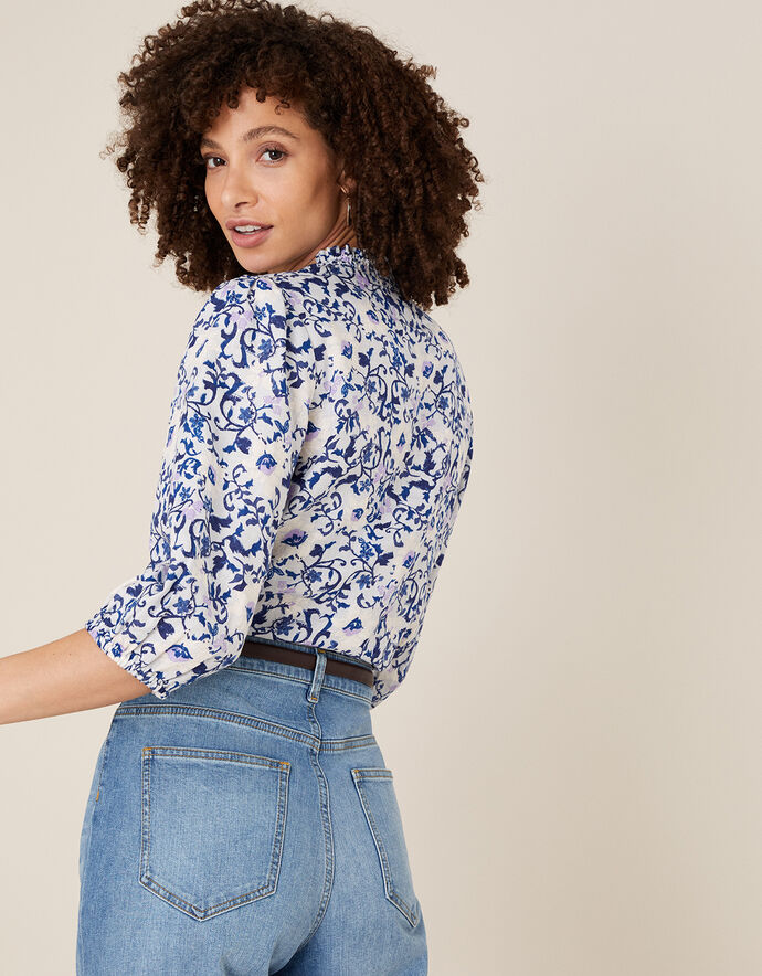 Francine Floral Blouse in Pure Linen Blue Tops & Tshirts Monsoon US.