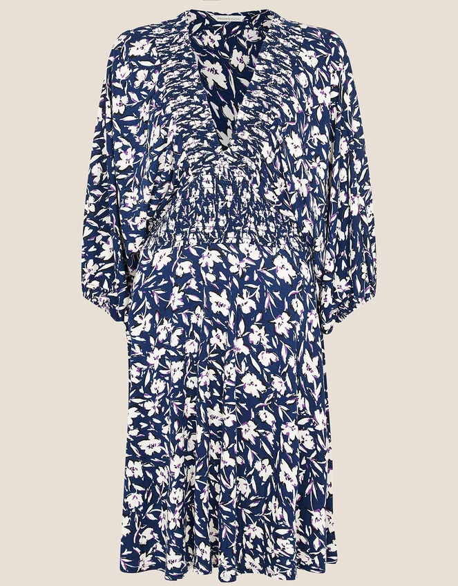 Floral Print Shirred Jersey Dress, Blue (NAVY), large