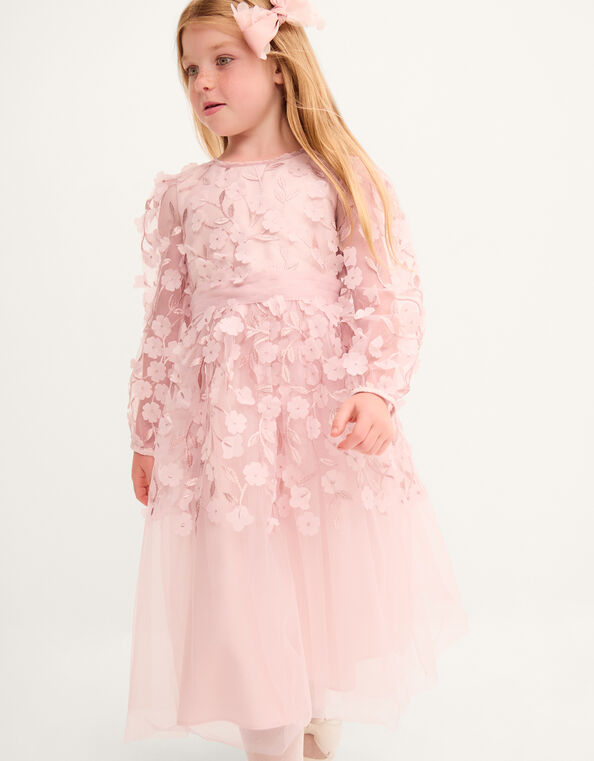Oona Long Sleeve Floral Appliqu&eacute; Party Dress, Pink (PINK), large