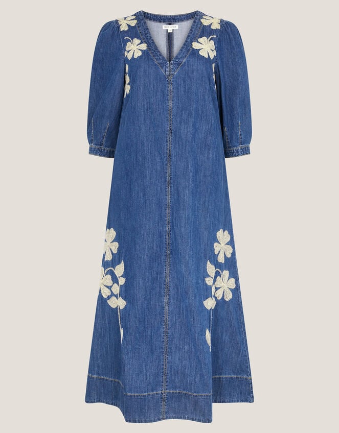 Fallon Floral Embroidered Denim Midi Dress, Blue (DENIM BLUE), large