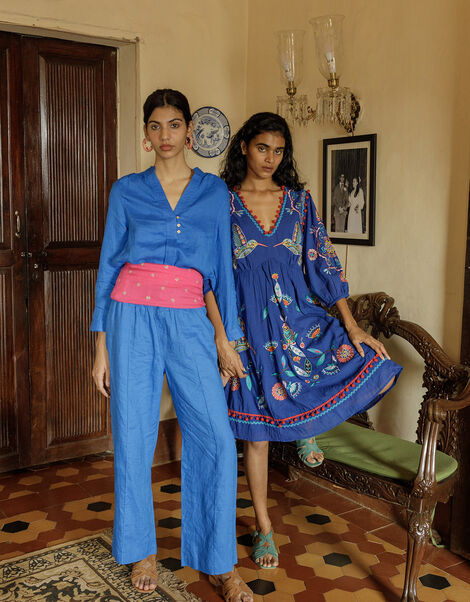 India Overhead Nehru Collar Linen Shirt, Blue (COBALT), large