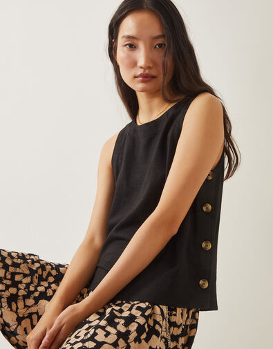 Lucy Linen Blend Button Tank Top, Black (BLACK), large