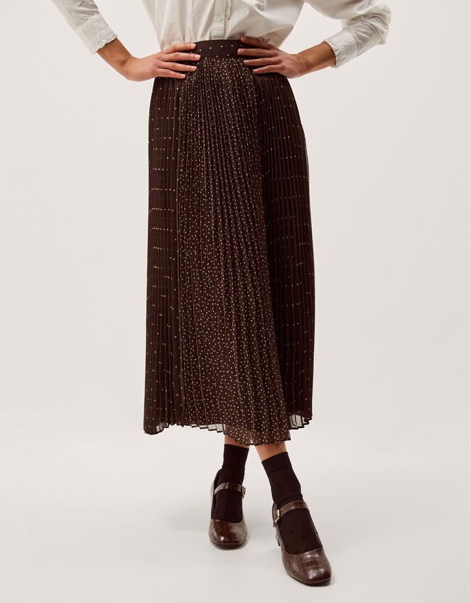 Demi Polka Dot Pleated Midi Skirt, Brown (CHOCOLATE), large