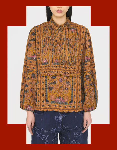 Antik Batik Pie Printed Jacquard Blouse, Camel (CAMEL), large