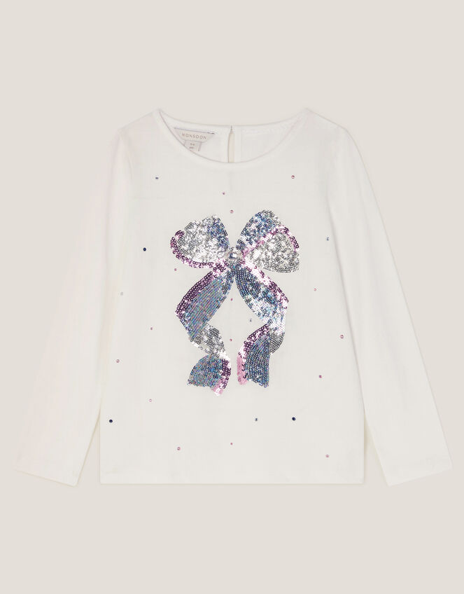 Sequin Bow Long Sleeve Top, Ivory (IVORY), large
