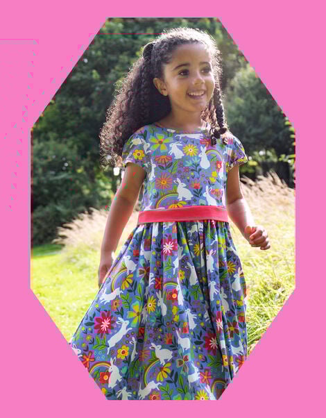 Frugi Issey Bunny Print Party Dress, Blue (BLUE), large