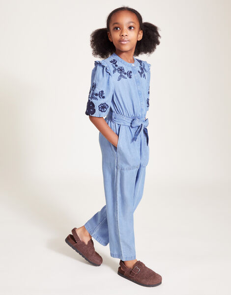 Floral Embroidered Chambray Jumpsuit, Blue (BLUE), large