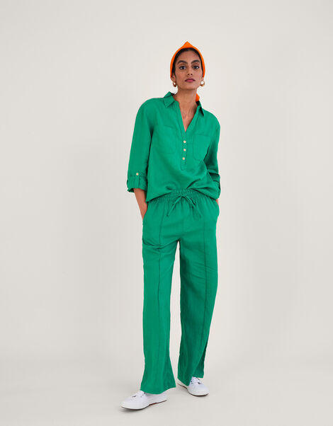 Linen Wide Leg Pull On Trousers, Green (GREEN), large