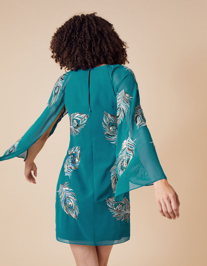 Cara Peacock Embroidered Cape Dress, Teal (TEAL), large