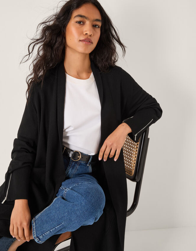 Sade Zip Longline Cardigan, Black (BLACK), large