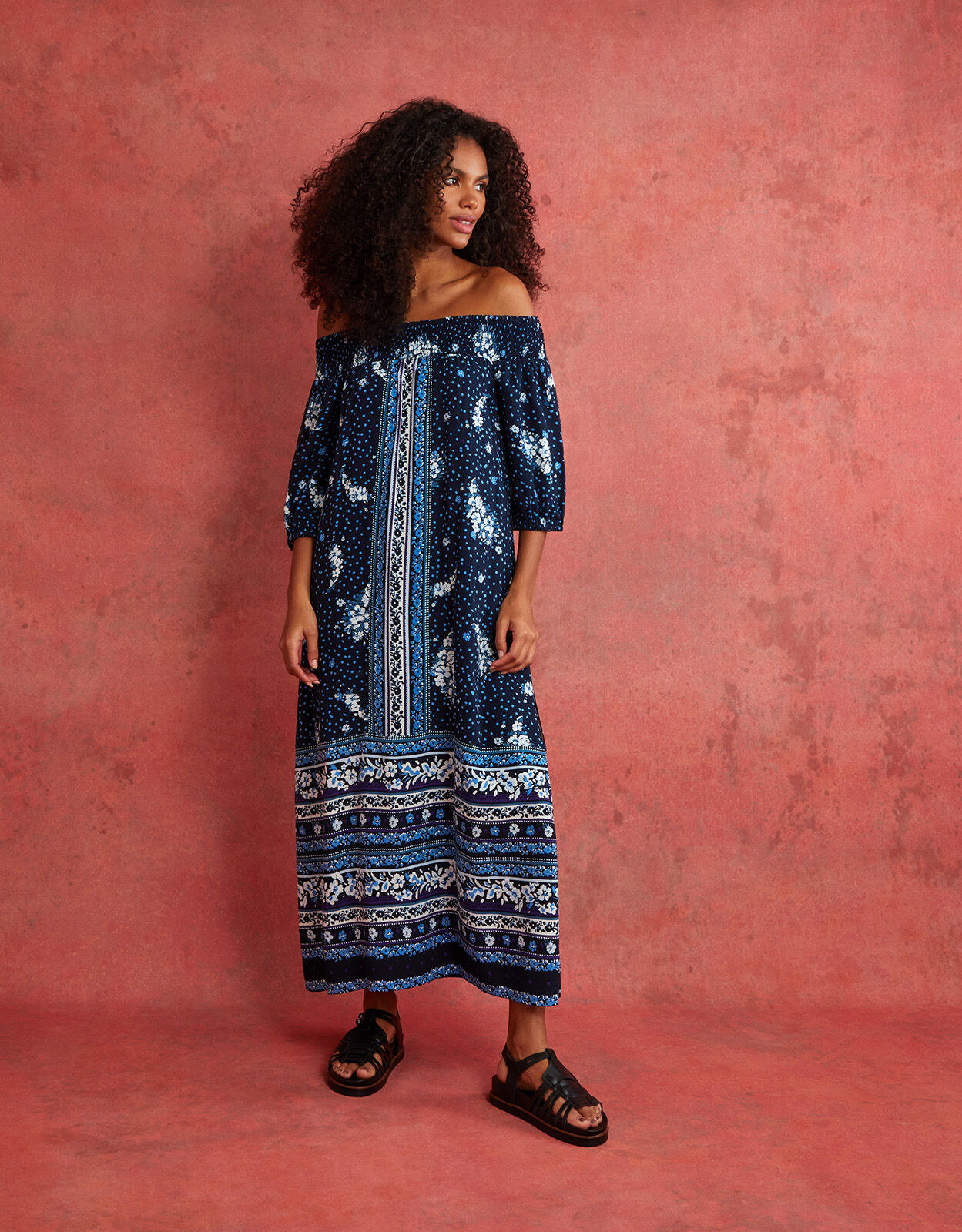 Printed Shirred Off Shoulder Dress in LENZING ECOVERO Blue