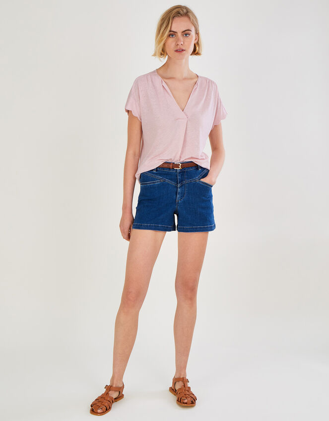 Scallop Detail Jersey T-Shirt in Linen Blend, Pink (BLUSH), large