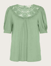 Crochet Frill Sleeve Top in Linen Blend, Green (KHAKI), large