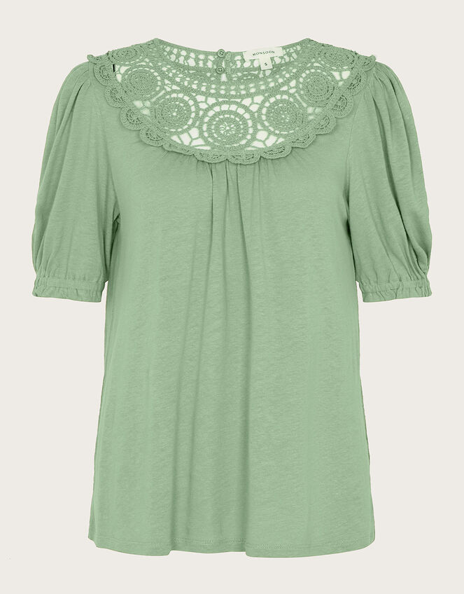 Crochet Frill Sleeve Top in Linen Blend, Green (KHAKI), large