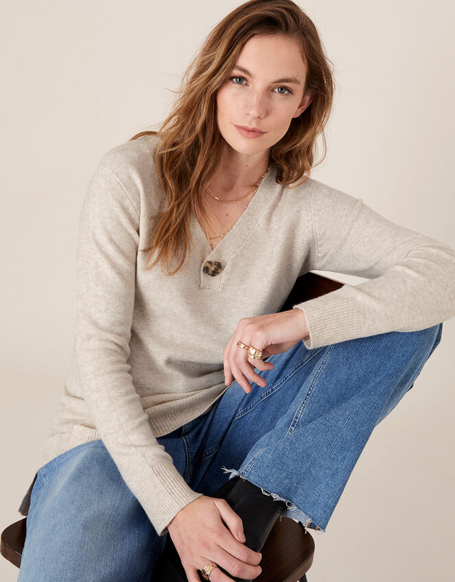 Button V-Neck Longline Jumper, Camel (OATMEAL), large