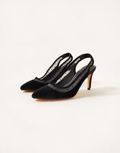 Velvet Mesh Heeled Sling-Back Sandals, Black (BLACK), large