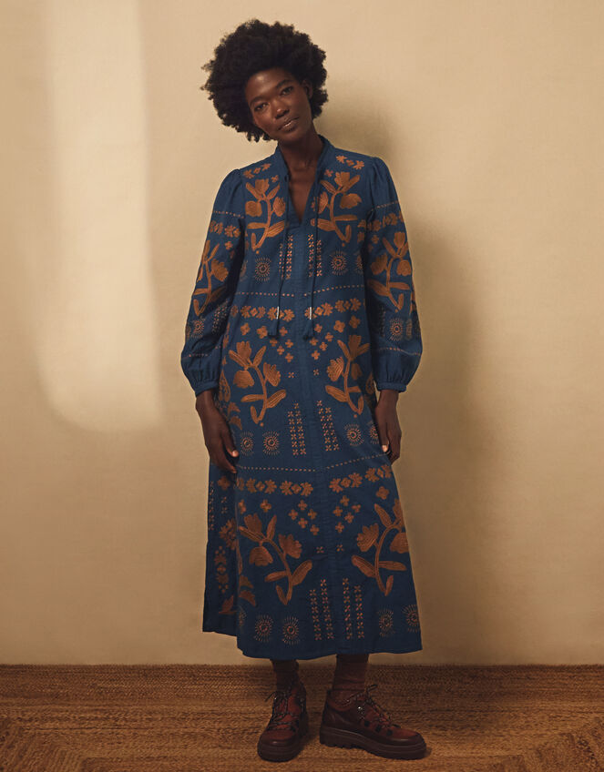 East Joseline Long Sleeve Embroidered Maxi Dress, Blue (NAVY), large