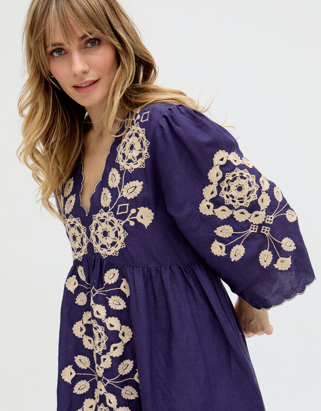 Raffya Ariana Embroidered Linen Maxi Dress, Blue (NAVY), large