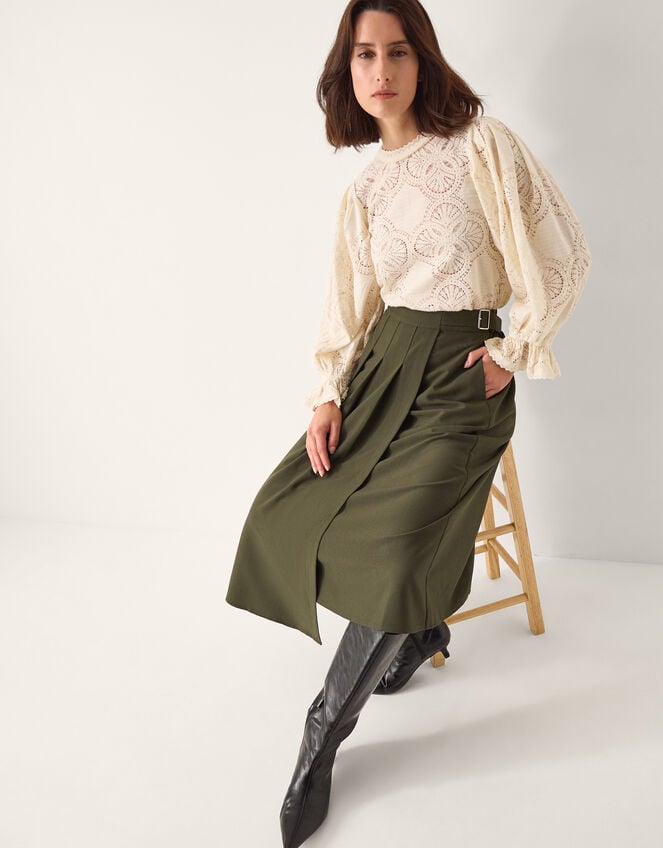 Jillian Pleated Kilt Midi Skirt , Green (KHAKI), large