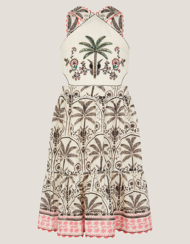 Palm Print Embellished Halter Dress, Ivory (IVORY), large