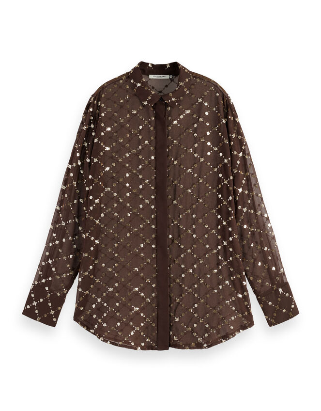 Scotch and Soda Sequin Embellished Sheer Shirt, Brown (BROWN), large