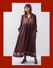 East Eliana Embroidered Long Sleeve Midi Dress, Brown (BROWN), large
